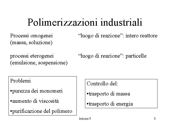 Polimerizzazioni industriali Processi omogenei (massa, soluzione) “luogo di reazione”: intero reattore processi eterogenei (emulsione, Polimerizzazioni industriali Processi omogenei (massa, soluzione) “luogo di reazione”: intero reattore processi eterogenei (emulsione,