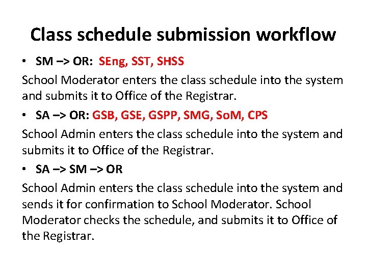 Class schedule submission workflow • SM –> OR: SEng, SST, SHSS School Moderator enters