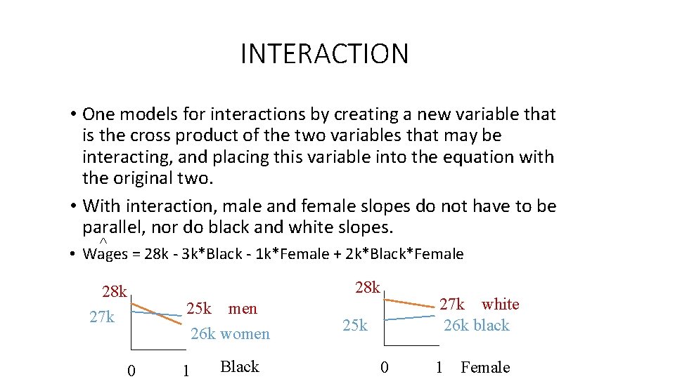 INTERACTION • One models for interactions by creating a new variable that is the