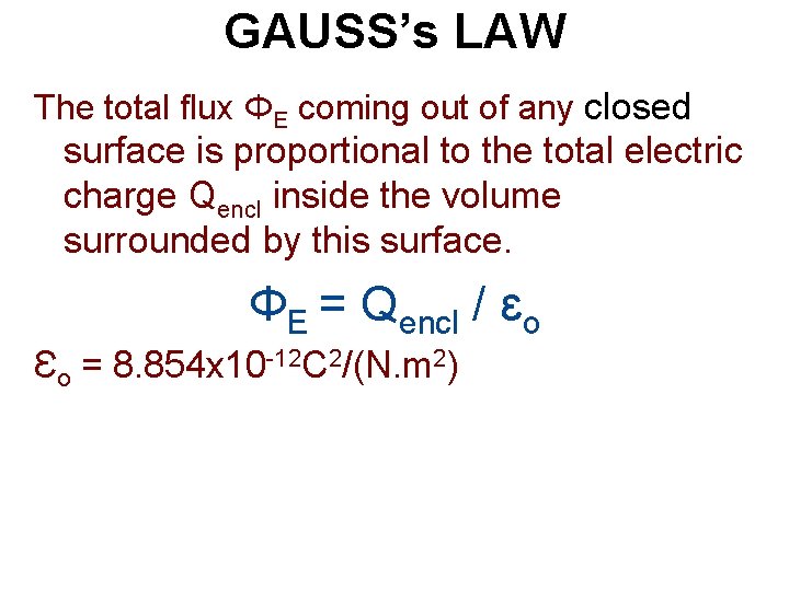 GAUSS’s LAW The total flux ΦE coming out of any closed surface is proportional