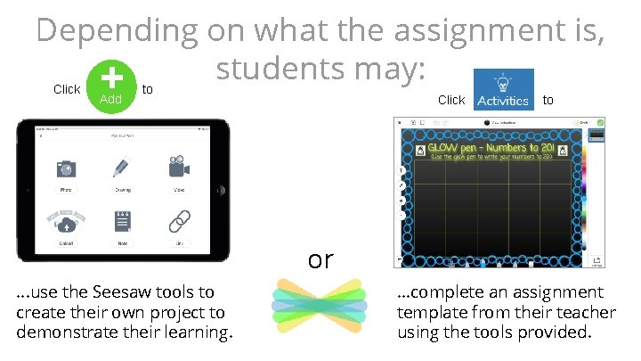 Depending on what the assignment is, students may: + Click Add to Click to Depending on what the assignment is, students may: + Click Add to Click to