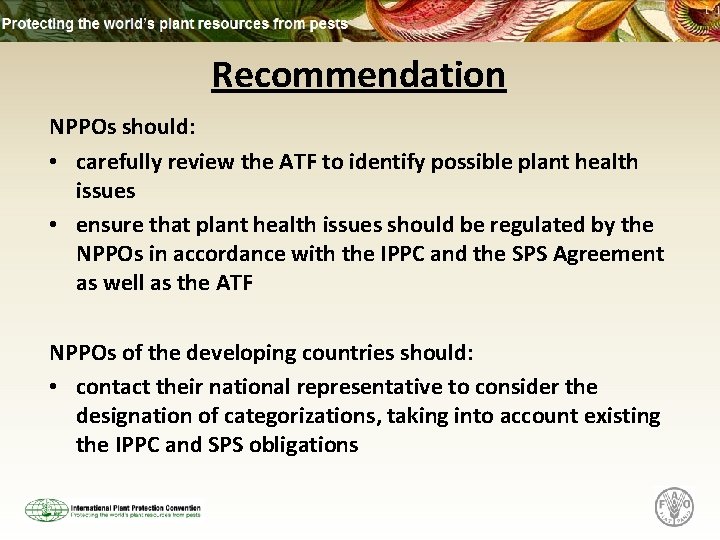 Recommendation NPPOs should: • carefully review the ATF to identify possible plant health issues