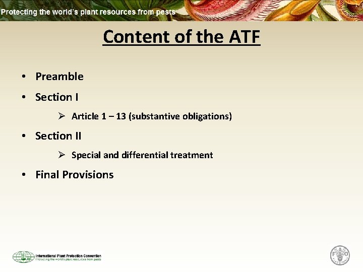 Content of the ATF • Preamble • Section I Ø Article 1 – 13