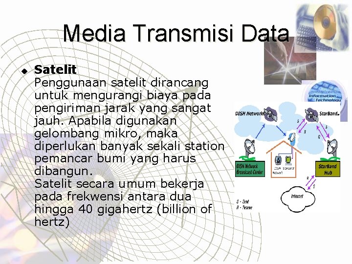 Media Transmisi Data u Satelit Penggunaan satelit dirancang untuk mengurangi biaya pada pengiriman jarak