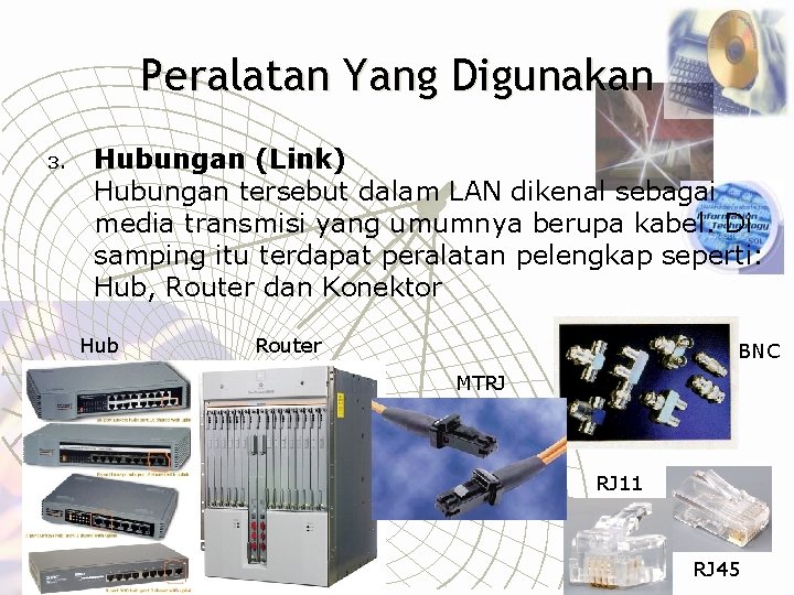 Peralatan Yang Digunakan 3. Hubungan (Link) Hubungan tersebut dalam LAN dikenal sebagai media transmisi