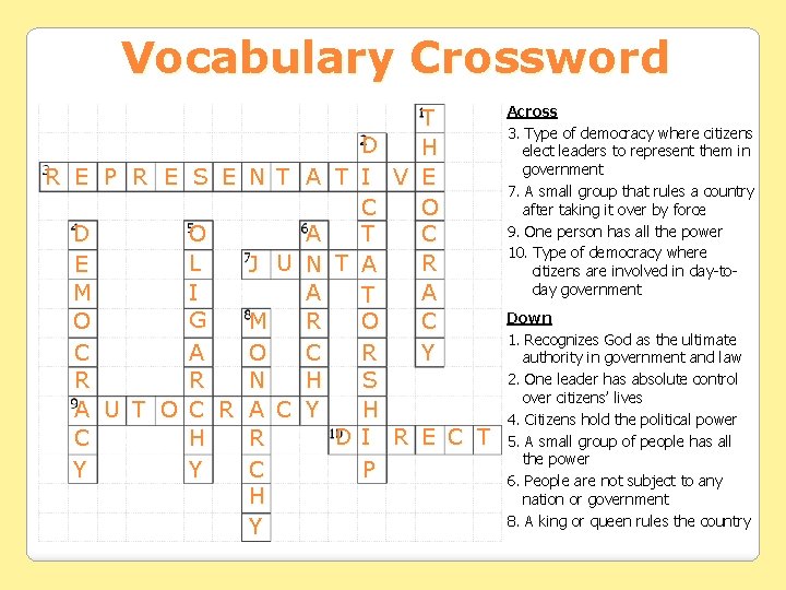 Vocabulary Crossword T D H R E P R E S E N T