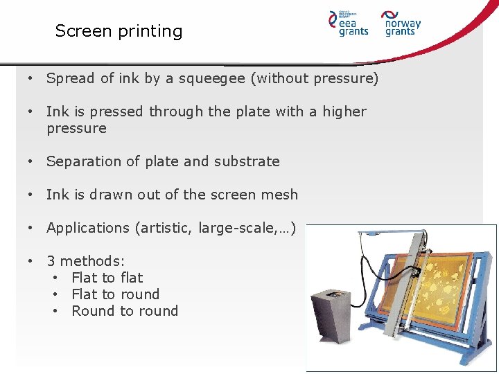 Screen printing • Spread of ink by a squeegee (without pressure) • Ink is