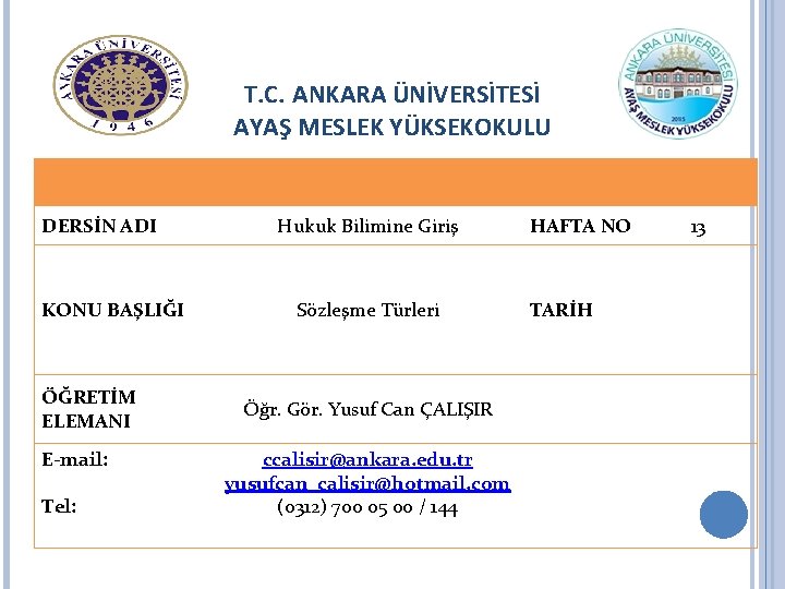 T. C. ANKARA ÜNİVERSİTESİ AYAŞ MESLEK YÜKSEKOKULU DERSİN ADI KONU BAŞLIĞI ÖĞRETİM ELEMANI E-mail: T. C. ANKARA ÜNİVERSİTESİ AYAŞ MESLEK YÜKSEKOKULU DERSİN ADI KONU BAŞLIĞI ÖĞRETİM ELEMANI E-mail: