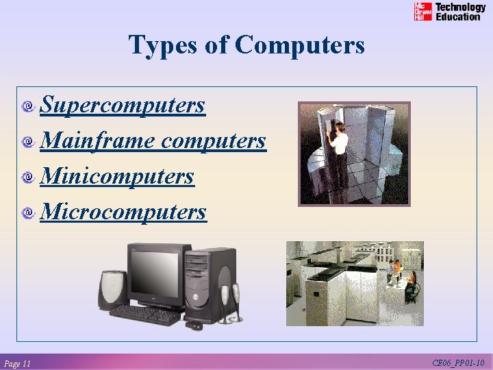 Types of Computers Supercomputers Mainframe computers Minicomputers Microcomputers Page 11 CE 06_PP 01 -10