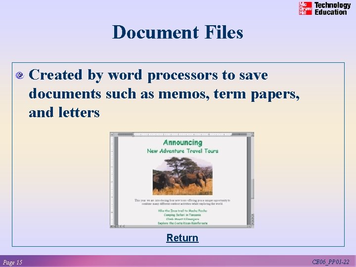 Document Files Created by word processors to save documents such as memos, term papers,