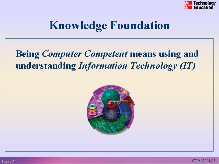 Knowledge Foundation Being Computer Competent means using and understanding Information Technology (IT) Page 17