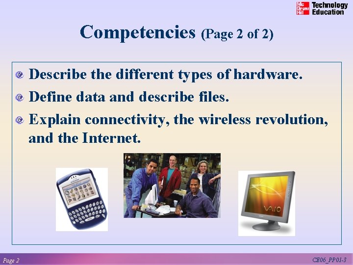 Competencies (Page 2 of 2) Describe the different types of hardware. Define data and