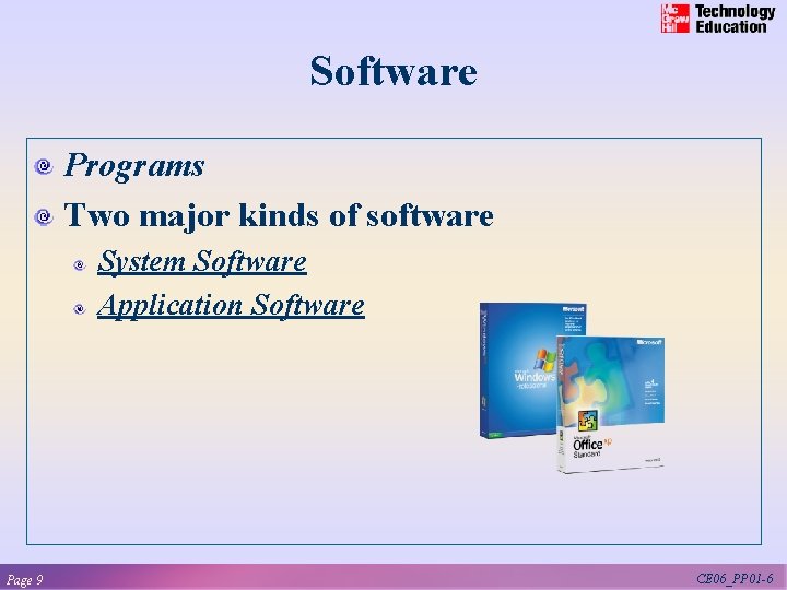 Software Programs Two major kinds of software System Software Application Software Page 9 CE