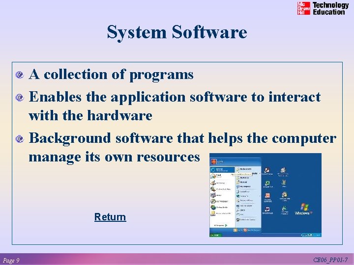 System Software A collection of programs Enables the application software to interact with the