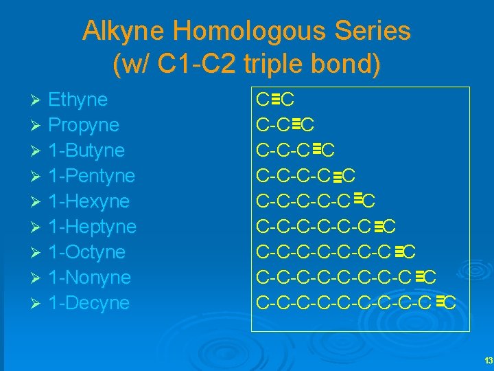 Alkyne Homologous Series (w/ C 1 -C 2 triple bond) Ethyne Ø Propyne Ø