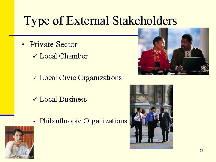 Type of External Stakeholders • Private Sector ü Local Chamber ü Local Civic Organizations