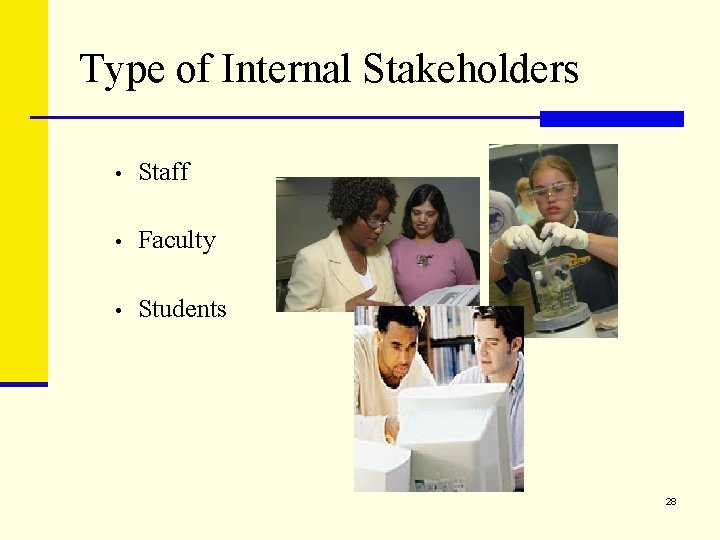 Type of Internal Stakeholders • Staff • Faculty • Students 28 