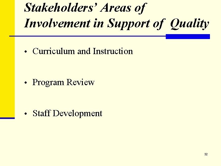 Stakeholders’ Areas of Involvement in Support of Quality • Curriculum and Instruction • Program