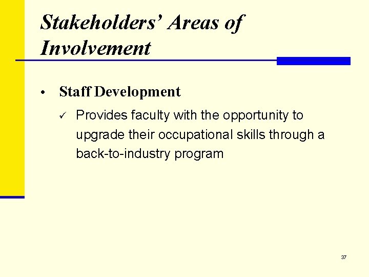 Stakeholders’ Areas of Involvement • Staff Development ü Provides faculty with the opportunity to