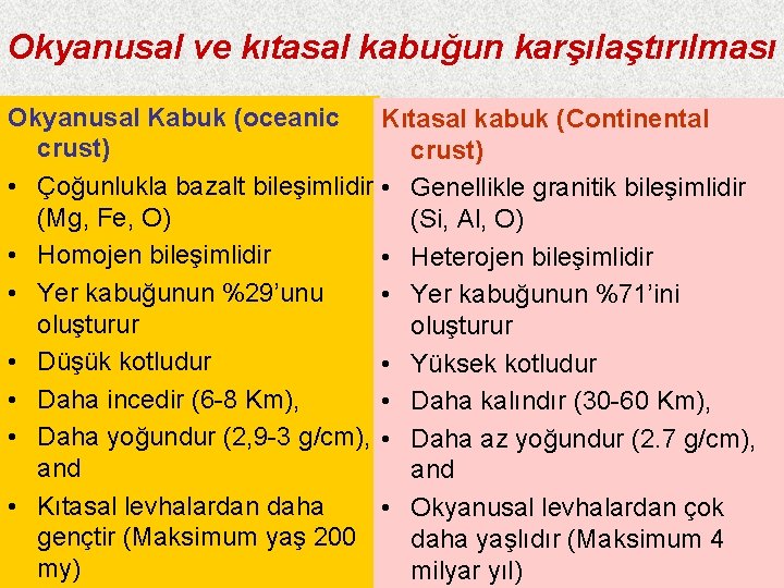 Okyanusal ve kıtasal kabuğun karşılaştırılması Okyanusal Kabuk (oceanic Kıtasal kabuk (Continental crust) • Çoğunlukla