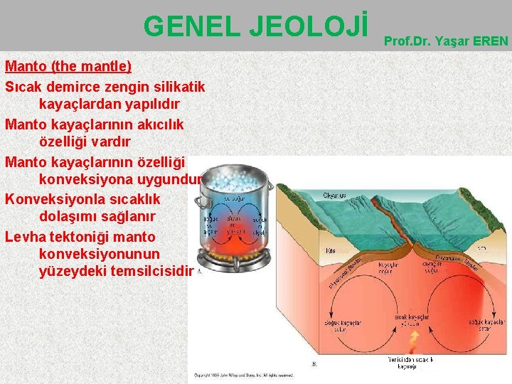 GENEL JEOLOJİ Manto (the mantle) Sıcak demirce zengin silikatik kayaçlardan yapılıdır Manto kayaçlarının akıcılık