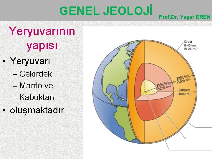 GENEL JEOLOJİ Yeryuvarının yapısı • Yeryuvarı – Çekirdek – Manto ve – Kabuktan •