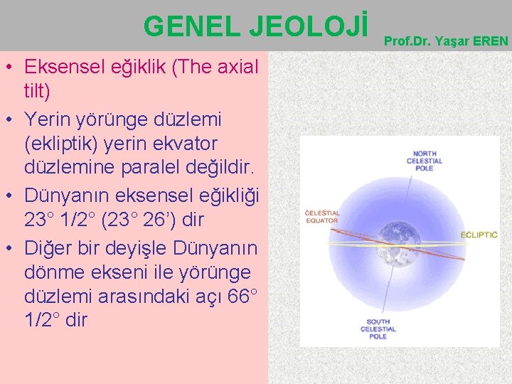 GENEL JEOLOJİ • Eksensel eğiklik (The axial tilt) • Yerin yörünge düzlemi (ekliptik) yerin