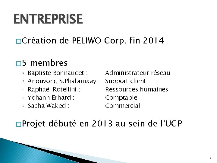 ENTREPRISE � Création � 5 ◦ ◦ ◦ de PELIWO Corp. fin 2014 membres