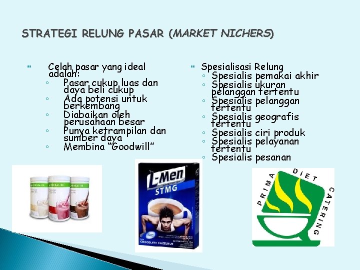 STRATEGI RELUNG PASAR (MARKET NICHERS) Celah pasar yang ideal adalah: ◦ ◦ ◦ Pasar