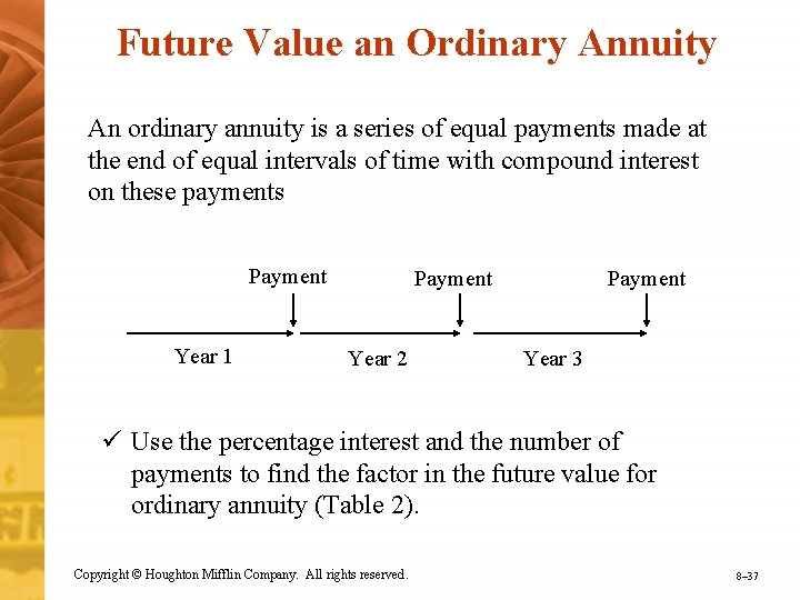 Future Value an Ordinary Annuity An ordinary annuity is a series of equal payments Future Value an Ordinary Annuity An ordinary annuity is a series of equal payments