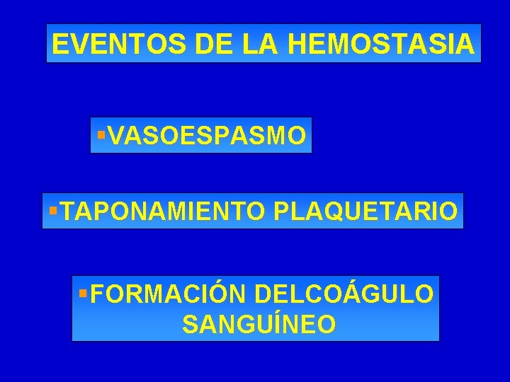 EVENTOS DE LA HEMOSTASIA §VASOESPASMO §TAPONAMIENTO PLAQUETARIO §FORMACIÓN DELCOÁGULO SANGUÍNEO EVENTOS DE LA HEMOSTASIA §VASOESPASMO §TAPONAMIENTO PLAQUETARIO §FORMACIÓN DELCOÁGULO SANGUÍNEO