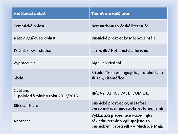 Vzdělávací oblast: Teoretické vzdělávání Tematická oblast: Romantismus v české literatuře Název vyučovací oblasti: Básnické