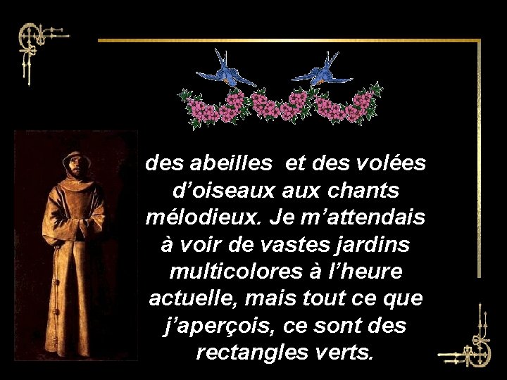 des abeilles et des volées d’oiseaux chants mélodieux. Je m’attendais à voir de vastes