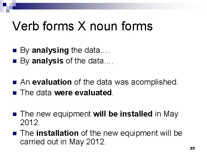 Verb forms X noun forms n n n By analysing the data…. By analysis