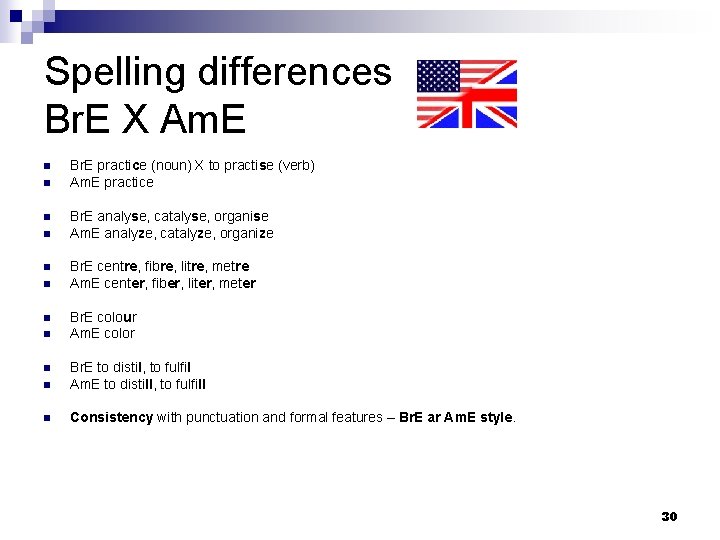 Spelling differences Br. E X Am. E n n n n Br. E practice