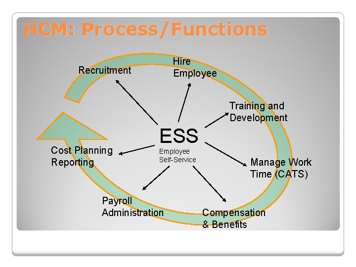 HCM: Process/Functions Hire Employee Recruitment Training and Development Cost Planning Reporting ESS Employee Self-Service