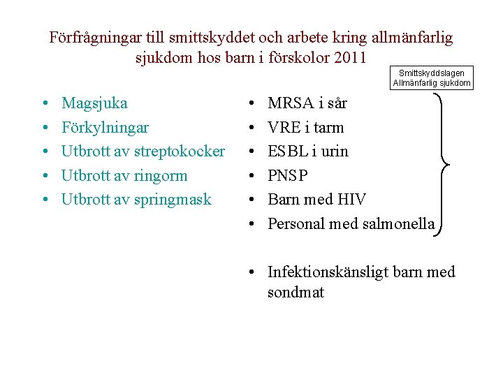 Förfrågningar till smittskyddet och arbete kring allmänfarlig sjukdom hos barn i förskolor 2011 Smittskyddslagen Förfrågningar till smittskyddet och arbete kring allmänfarlig sjukdom hos barn i förskolor 2011 Smittskyddslagen