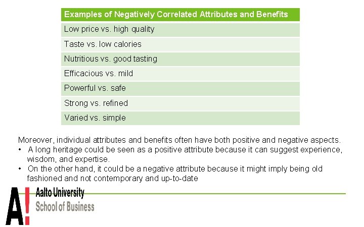 Examples of Negatively Correlated Attributes and Benefits Low price vs. high quality Taste vs.