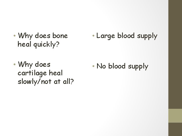  • Why does bone heal quickly? • Large blood supply • Why does