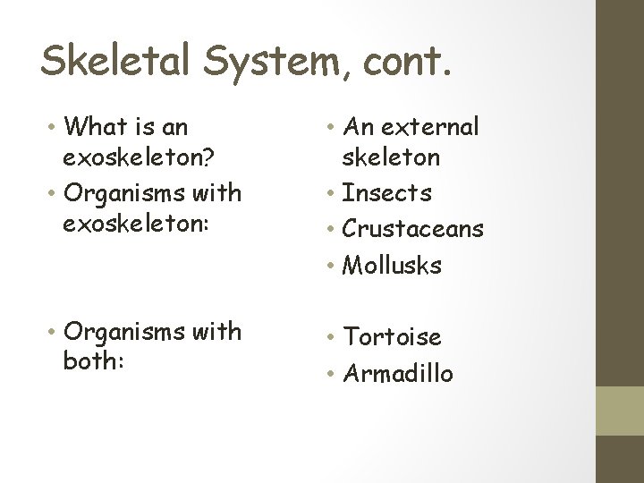 Skeletal System, cont. • What is an exoskeleton? • Organisms with exoskeleton: • An