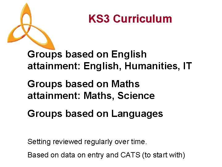 KS 3 Curriculum Groups based on English attainment: English, Humanities, IT Groups based on