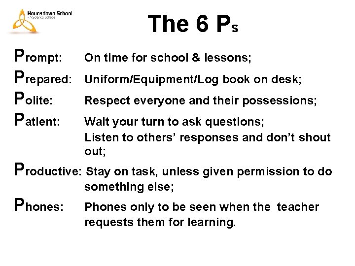  Prompt: Prepared: Polite: Patient: The 6 Ps On time for school & lessons;