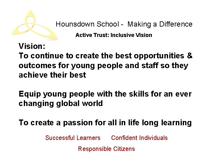 Hounsdown School - Making a Difference Active Trust: Inclusive Vision: To continue to create