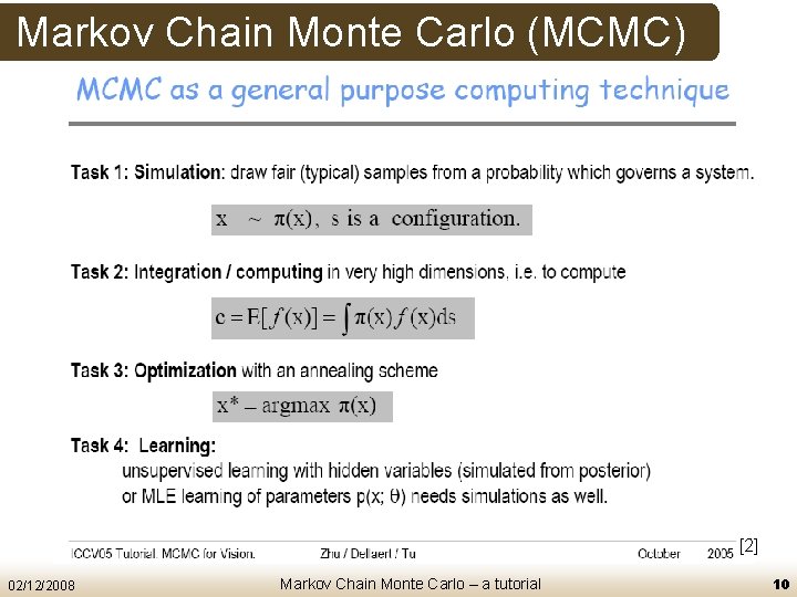 Markov Chain Monte Carlo (MCMC) [2] 02/12/2008 Markov Chain Monte Carlo – a tutorial