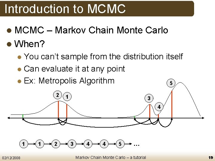 Introduction to MCMC l MCMC – Markov Chain Monte Carlo l When? You can’t