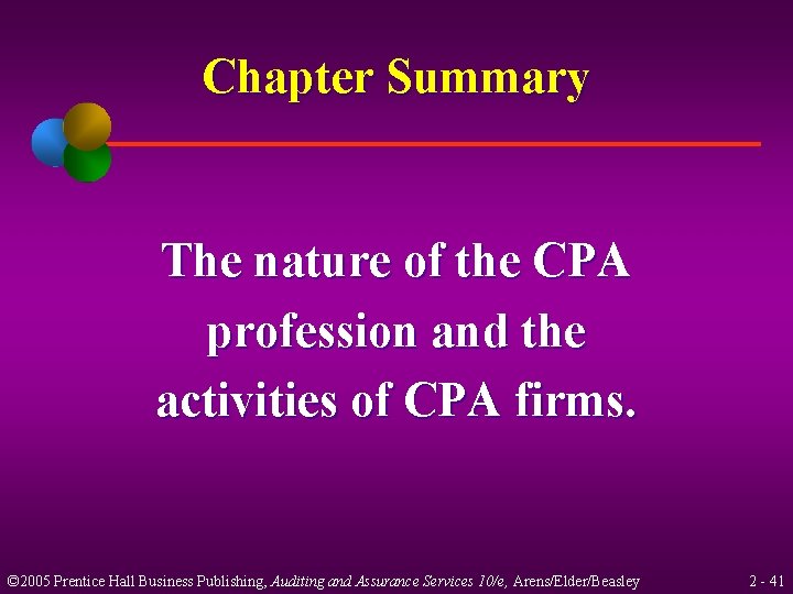 Chapter Summary The nature of the CPA profession and the activities of CPA firms.