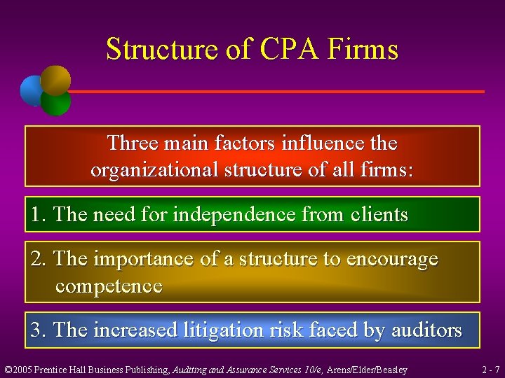 Structure of CPA Firms Three main factors influence the organizational structure of all firms: