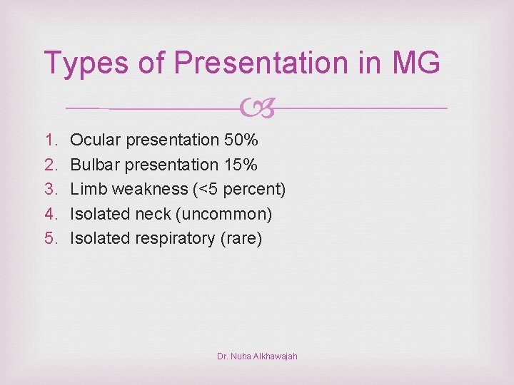 Types of Presentation in MG 1. 2. 3. 4. 5. Ocular presentation 50% Bulbar