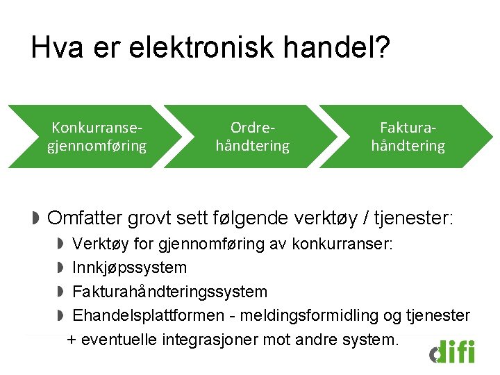 Hva er elektronisk handel? Konkurransegjennomføring Ordrehåndtering Fakturahåndtering Omfatter grovt sett følgende verktøy / tjenester: