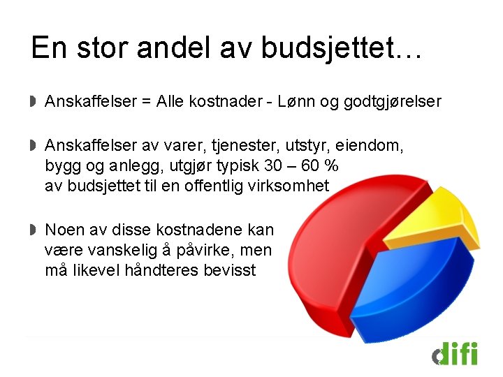 En stor andel av budsjettet… Anskaffelser = Alle kostnader - Lønn og godtgjørelser Anskaffelser